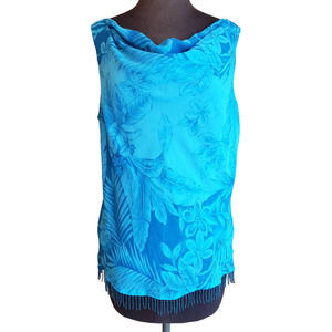 Studio I sz 16 blue floral print sleeveless beaded fringe blouse